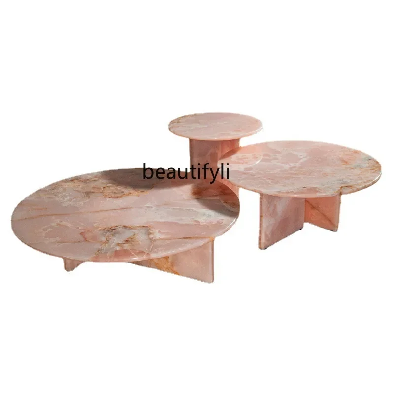 Pink jade marble coffee table modern simple household living room light luxury high and low size round coffee table combination