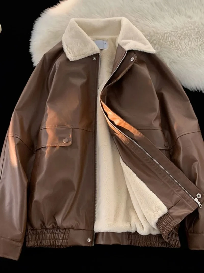 

Fashion Lapel Leather Coat Cotton-padded Jacket Coat Women High Street Vintage Casual Pilot Jacket Cotton-padded Jacket