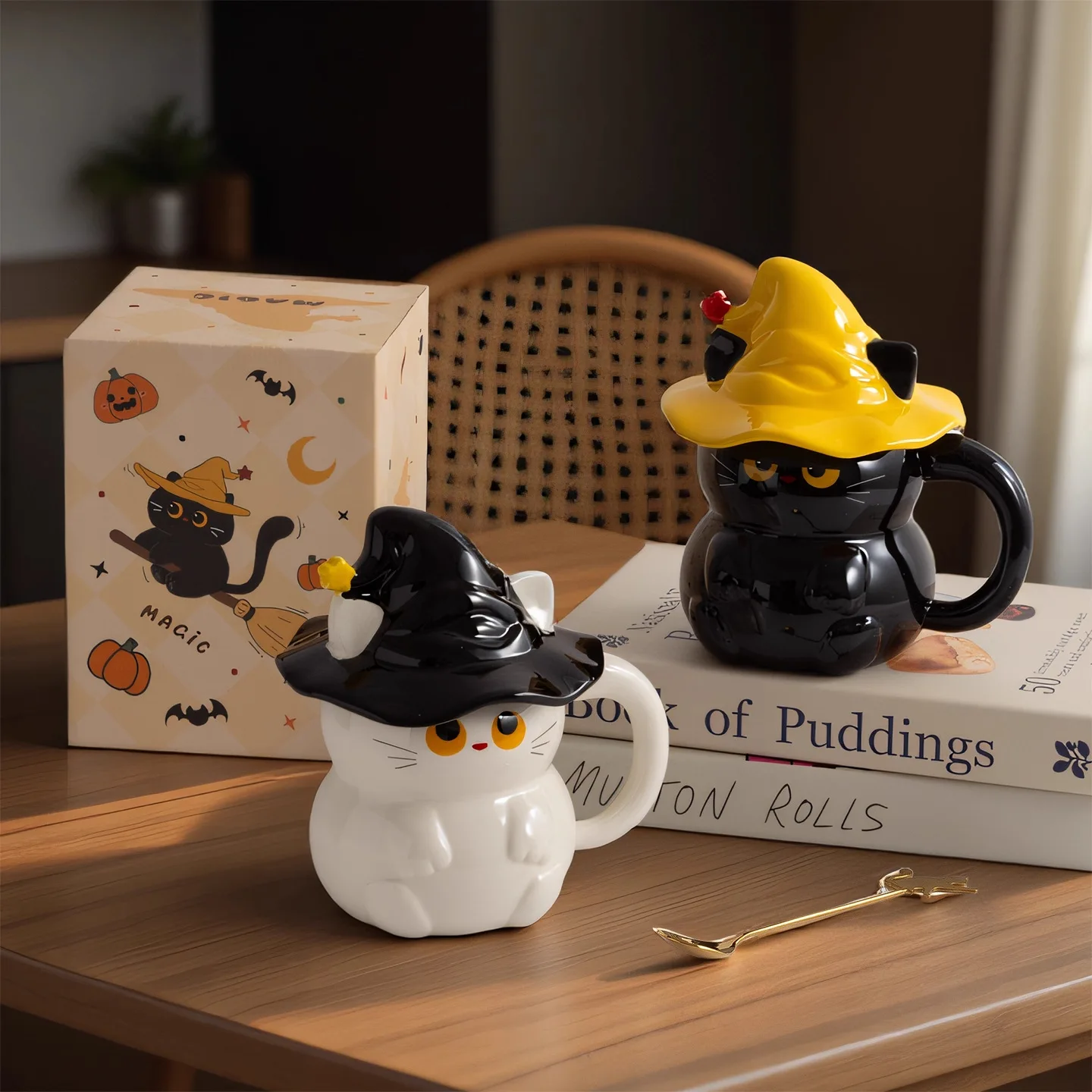 Halloween Cat Mug with Lid, Witch Hat Ceramic Coffee Cup, Cute Ghost Magic Couple Mugs,Creative Kitchen Gift for Her Him