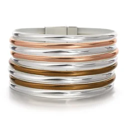 ALLYES Fashion Triple Color Glossy Leather Bracelet for Women Men Simple Chunky Multilayer Wrap Wide Bracelets Party Jewelry