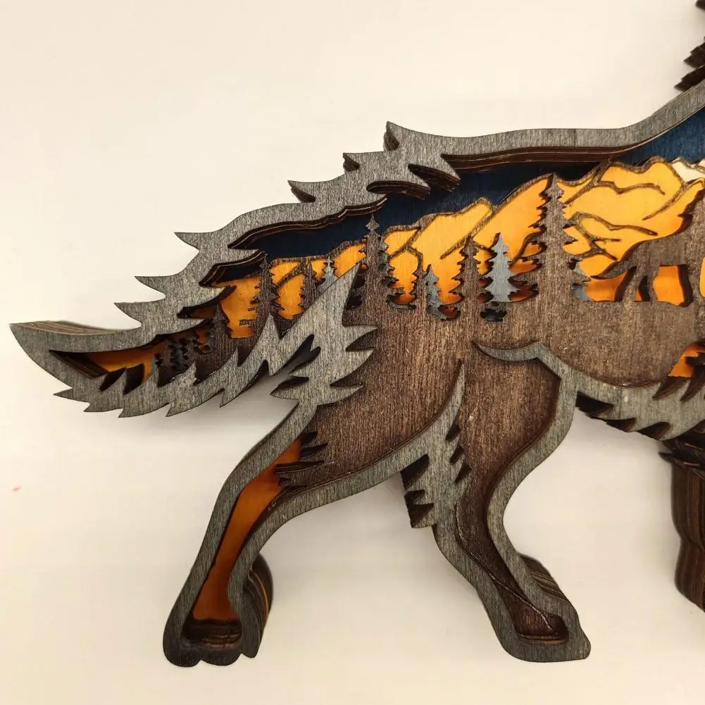 Wooden Wolf Ornament 3D Multi-Layer Carving Wolf Sculpture Home Office Desktop Decor Rustic Forest Animal Statue for Animal Love