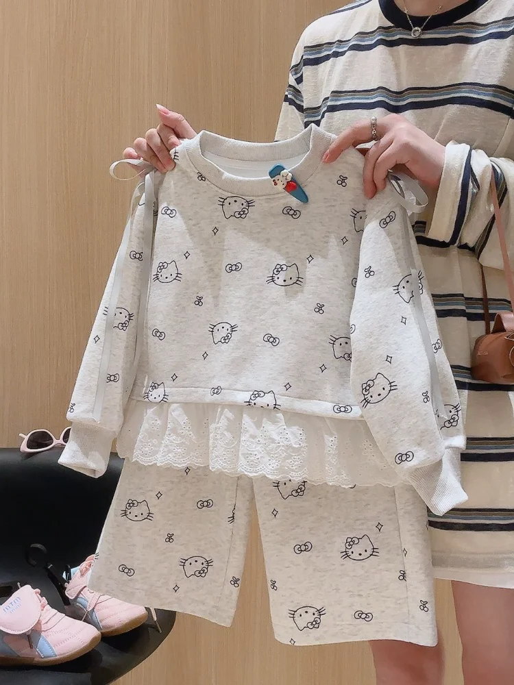 

Sanrio Hello Kitty Girls' Printed Long Sleeves T-Shirt Pants Set Spring Autumn Cartoon Lace Hoodie Loose Trousers Sweatshirt