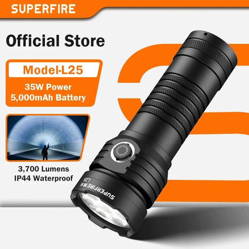 2025 SUPERFIRE L25 Leistungsstarke Taschenlampe, superhell, 3700 Lumen, 35 W, LED-Taschenlampe mit 3500 mAh, Camping-Außenlaterne