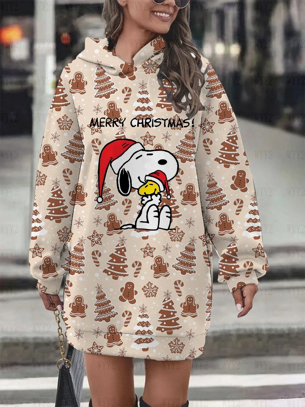 

2024 New Autumn and Winter Hoodie Dress Christmas Snoopy Print Women's Fashion Street Chic Loose Hoodie Dress
