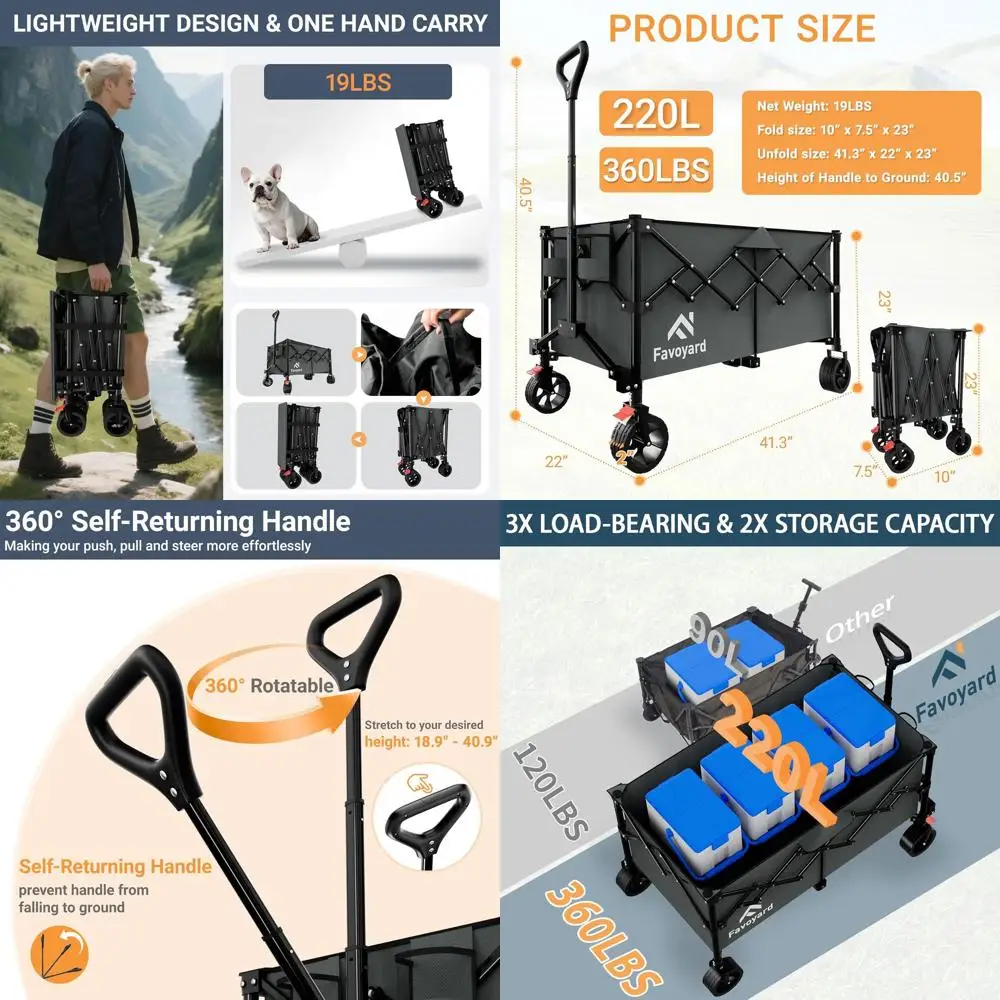 

Folding Heavy-Duty 360lbs Collapsible Wagon Cart with Big Wheels and Brakes, Ideal for Beach, Shopping, Camping, and Outdoor Act