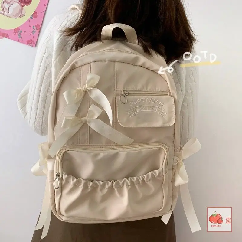 Lovely Bowknot All-match Backpack Forwomen Casual Japanese Style Lolita Zipper Soft Handle School Backpack for College Students