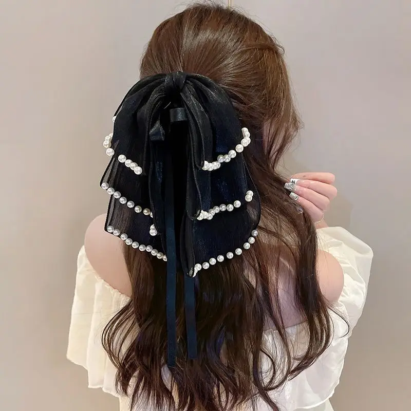 

Women Elegant Bowknot Pearls Hair Claws Lady Delicate Hairpins Barrettes Ponytail Clip Headwear Korean Style Hair Accessories