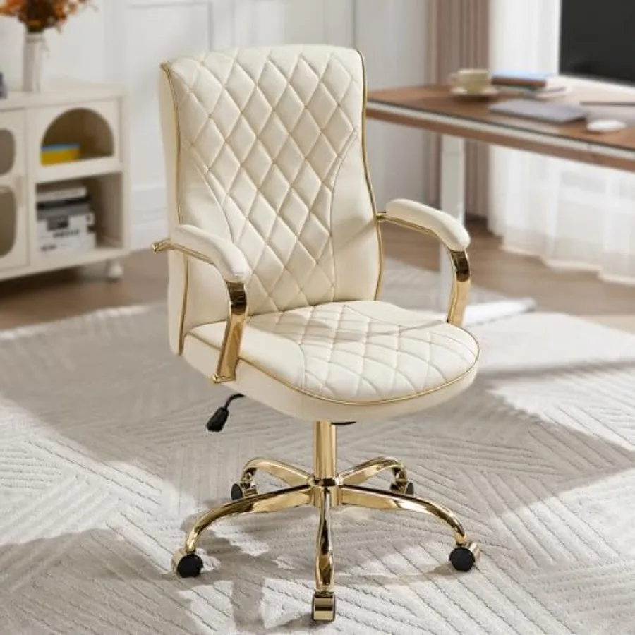 Beige and Gold Office Desk Chair for Conference Rooms, Mid-Back Vintage Executive Leather Chair with Ergonomic Support, Swivel