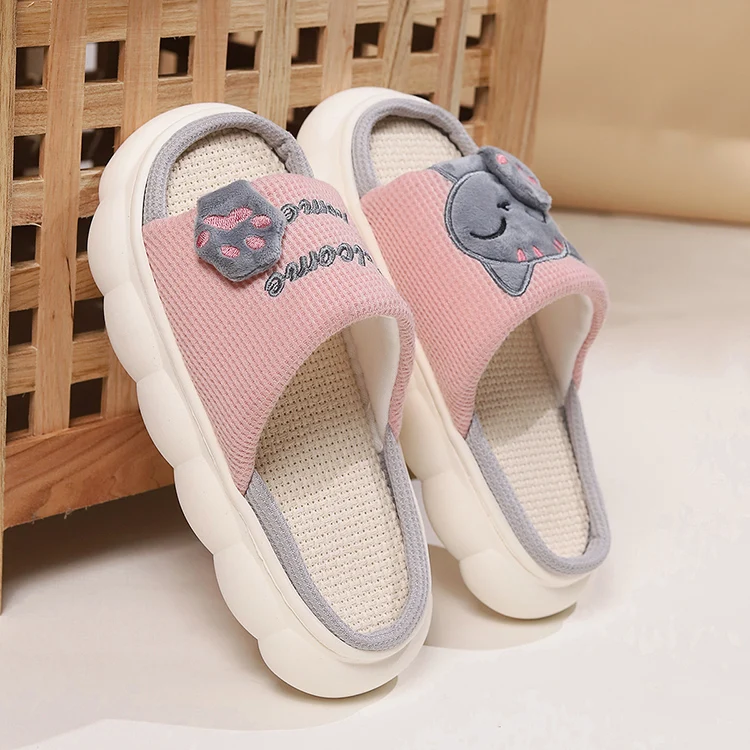 Leinen Casual Hausschuhe Frauen Haus Plattform Niedlichen Cartoon Katze Designer Schuhe Mädchen Flache Mode Elegante Schuhe Indoor Große Größe – Detail 7