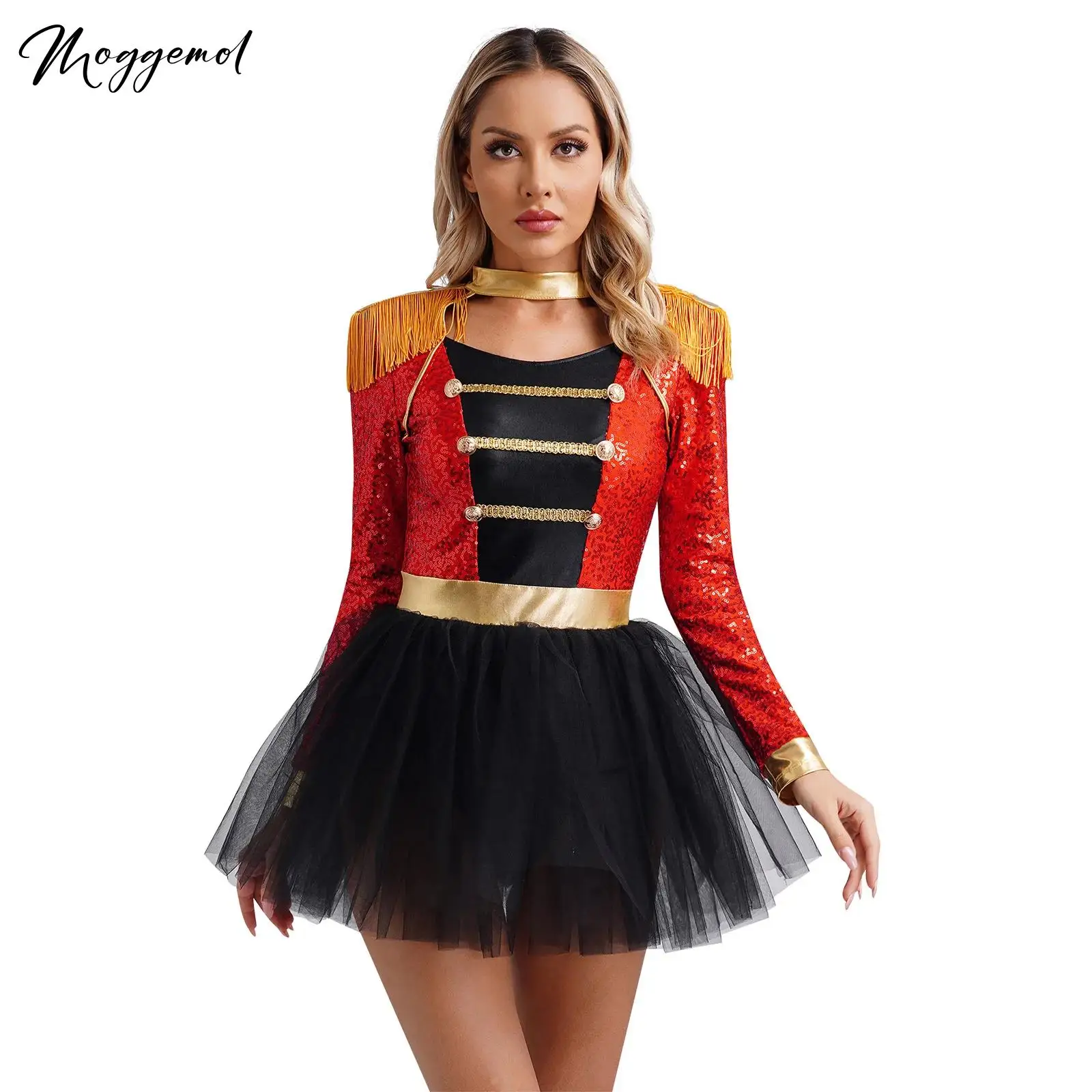 LYus Ringmaster Cosplay Costume pour femme, paillettes brillantes, manches longues, franges, tutu en tulle initié, robe justaucorps, costume d'Halloween