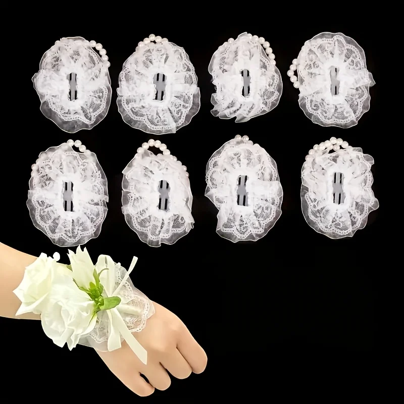 8-piece set of elegant pearl wrist bouquet, suitable for bridesmaids and groomsmen - lace floral bracelet for wedding party gift