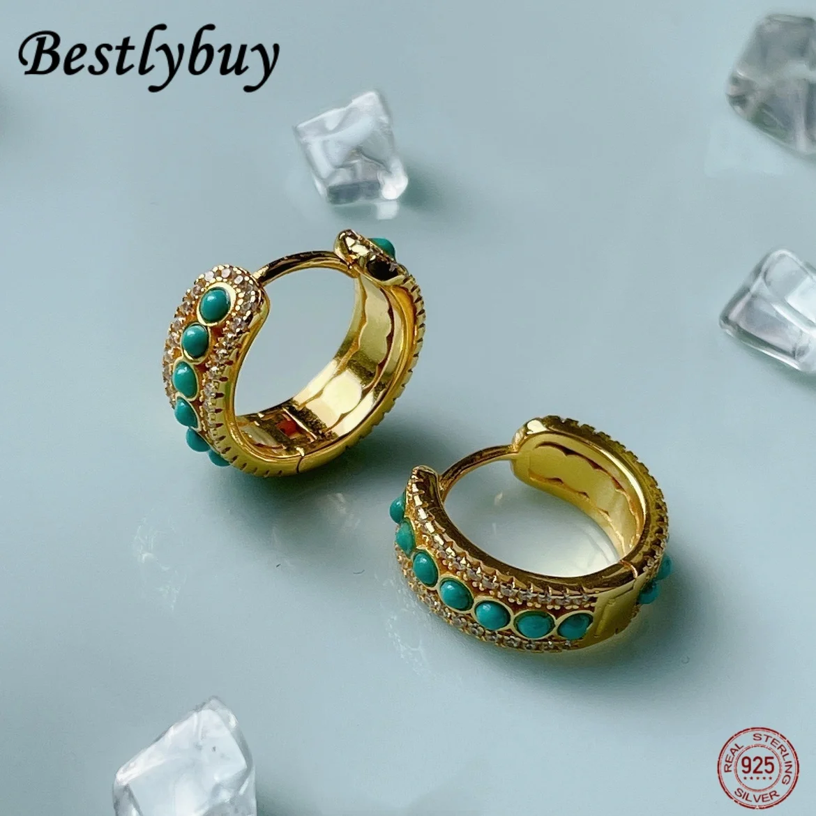 

Natural Turquoise Earrings 925 Sterling Silver Fashionable Light Luxury French HooP Earrings For Women's High-end Jewelry