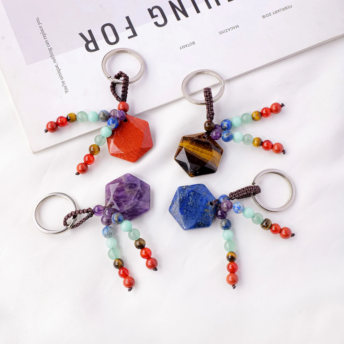 1PC Natural Gem Stone Keychains Clear Quartz Six pointed star Amethyst Key Chain For DIY Car Key Rings Chains