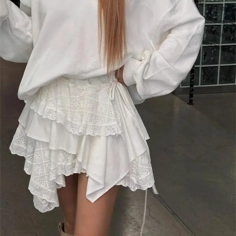 Gothic Sweet Trendy High Waist Irregular Cake Short Skirt New Patchwork Lace Embroidery Mini Skirt Women White Skirts Harajuku