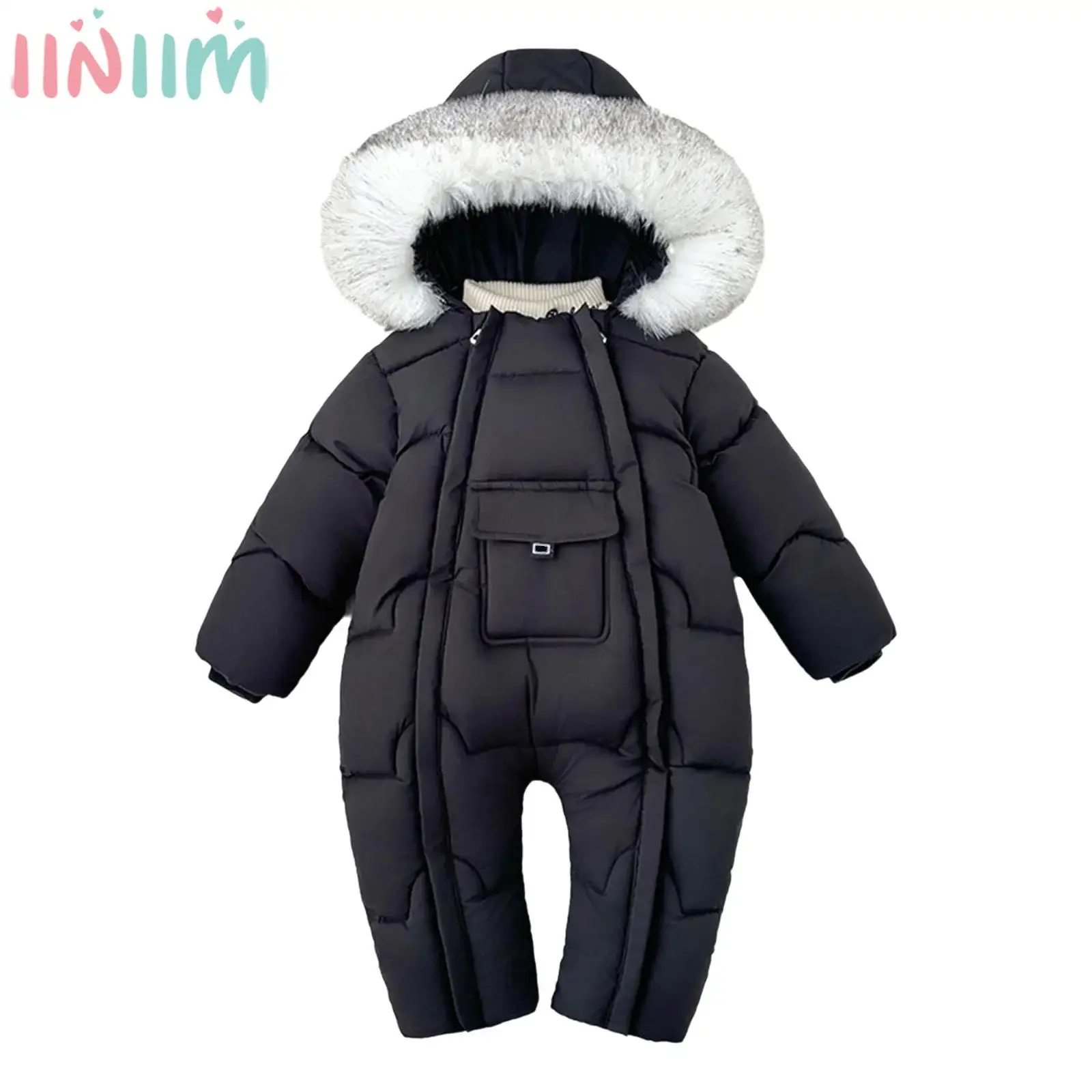Baby Boys Girls Winter Warm Fleece-Lined Snowsuit Hooded Rompers Long Sleeve Double Zippers Thickened Padded Jumpsuit Outerwear