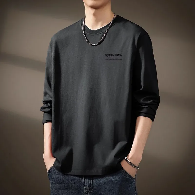 

American Printed Long-sleeved New Men's T-shirt Pure Cotton Round Neck Bottoming Autumn Loose Top