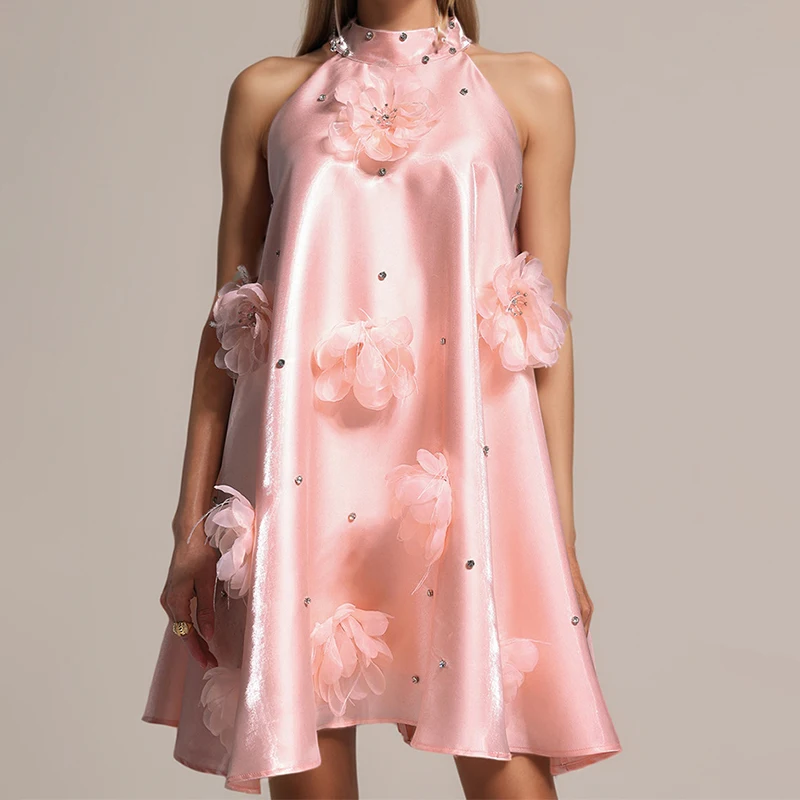 

Exquisite Floral Appliques Halter Evening Dress Elegant Sleeveless A-Line Loose Short Dress Lady Sister Party Gown