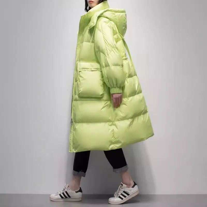 

Fluorescent green Down Jacket Women's 2023 Winter New Korean version Hooded White duck Coat Female Fashion Casual Long Overcoat