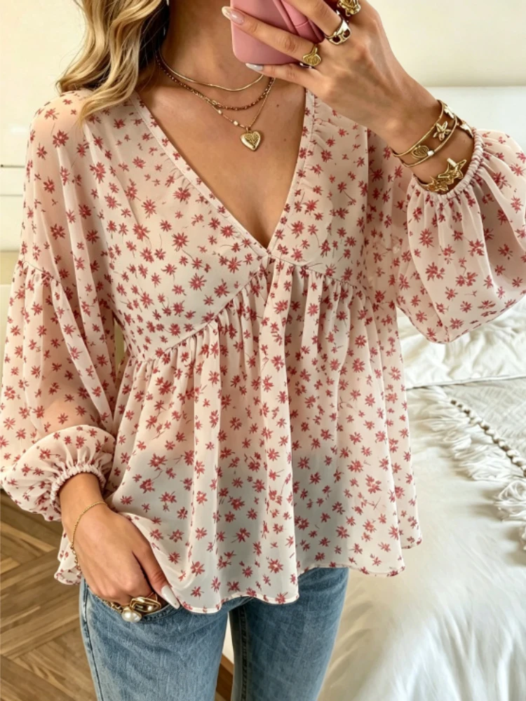 Chic New Sweet Loose Fitted Bubble Sleeves Flower Print Lady Chiffon Blouse Summer Korean Casual V-neck Women's Blouse News
