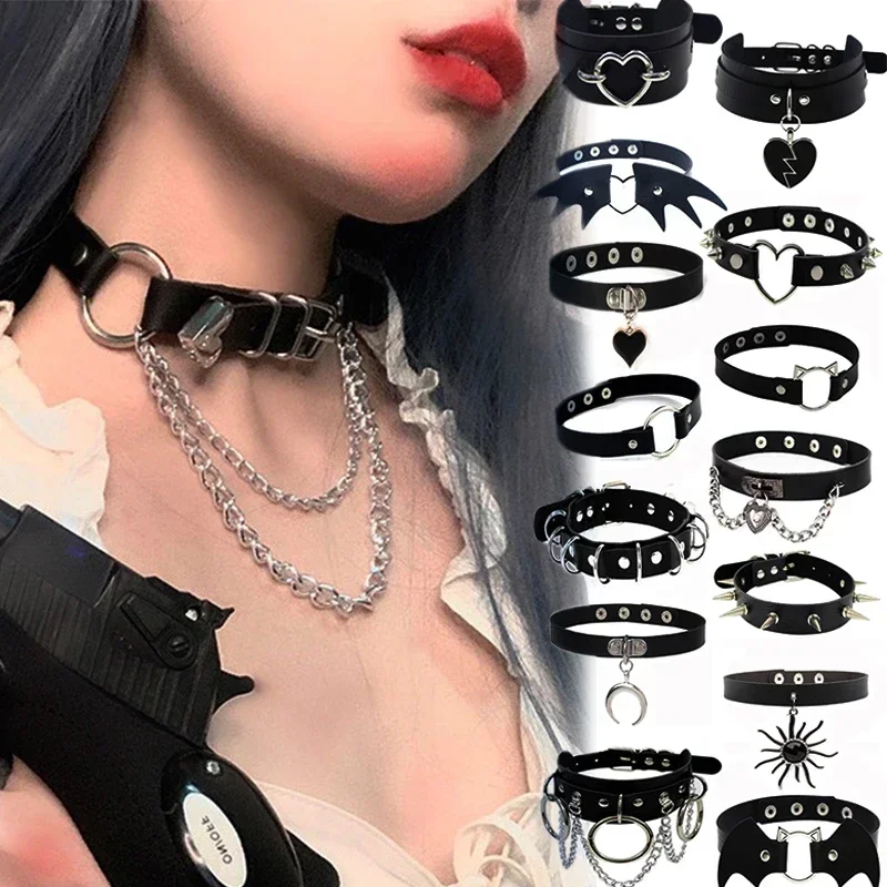 20Styles Cosplay Punk Collar Choker Sexy Harajuku PU Leather Black Chokers Necklace Chain Pendant Women Rock Gothic Neck Jewelry