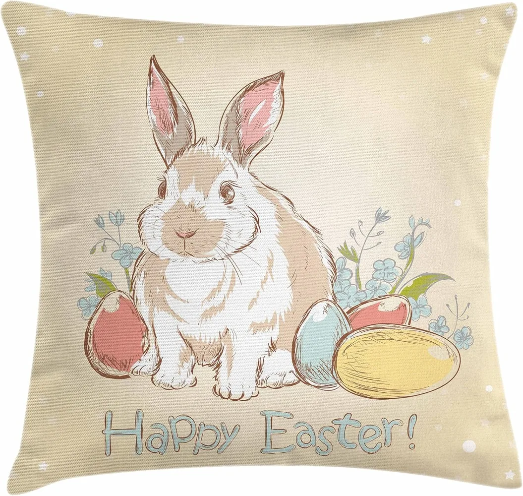 イースタースロー枕クッションカバー、卵と花の手描きスタイルのバニー、装飾的な正方形のアクセントケース