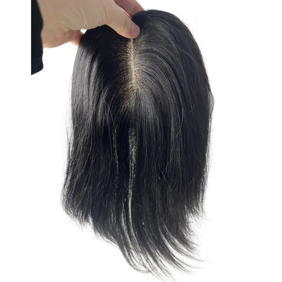 Seidenbasis-Topper für Frauen, 25,4–40,6 cm, Echthaar-Clip-in-Haarverlängerungen, gerade, natürliches Schwarz, realistisches Kopfhaut-Haarteil