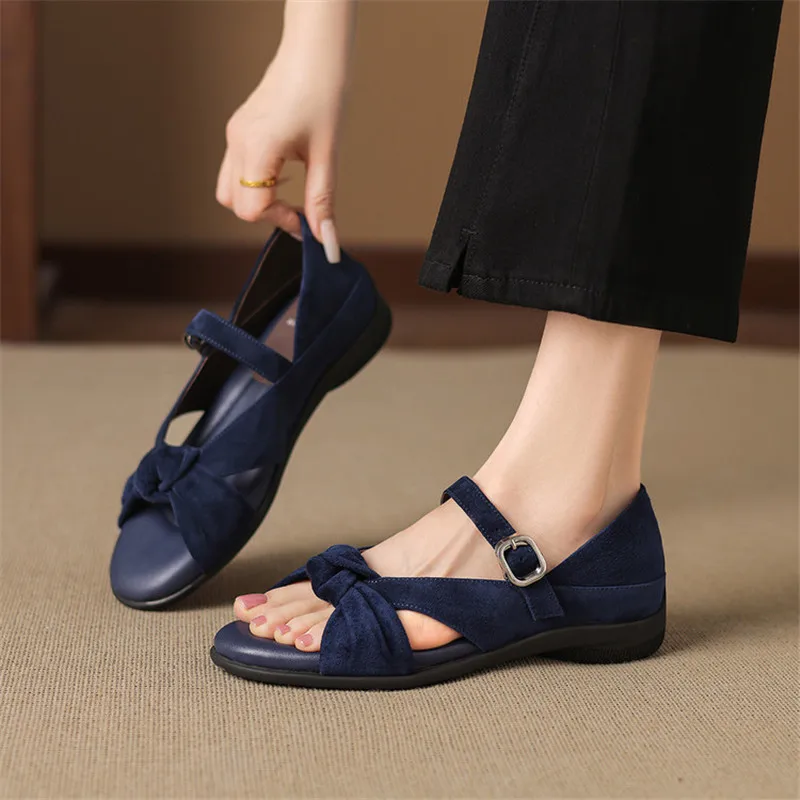 New Summer Sandals Sheep Suede Women Shoes Fashion Buckle Round Toe Mid Heels Shoes for Women Handmade Women Pumps Sandals