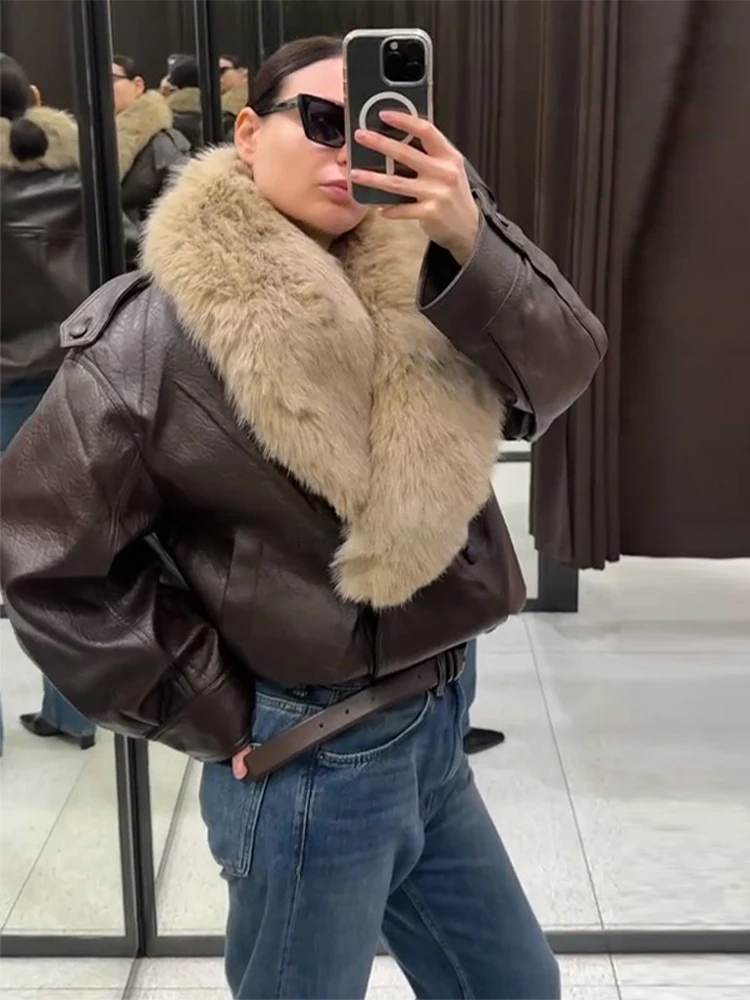 

Женская куртка из искусственной кожи с меховым воротником из искусственной кожи, пальто в винтажном стиле с открытой передней частью, новинка 2025, уличная верхняя одежда, модная женская одежда