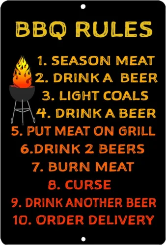 Funny Sarcastic Metal Tin Sign Wall Décor Man Cave BBQ Rules Barbecue Pulled Por