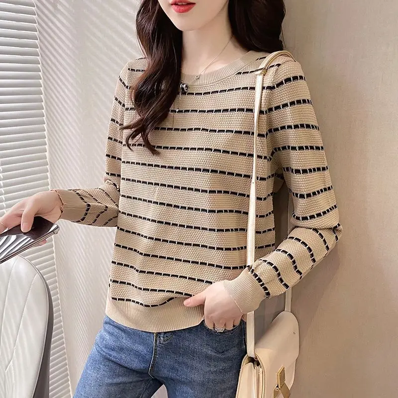 Spring Autumn Women\'s Clothing Long Sleeve Round Neck Pullover Striped Sweater Knitted Casual Screw Thread Office Lady Tops