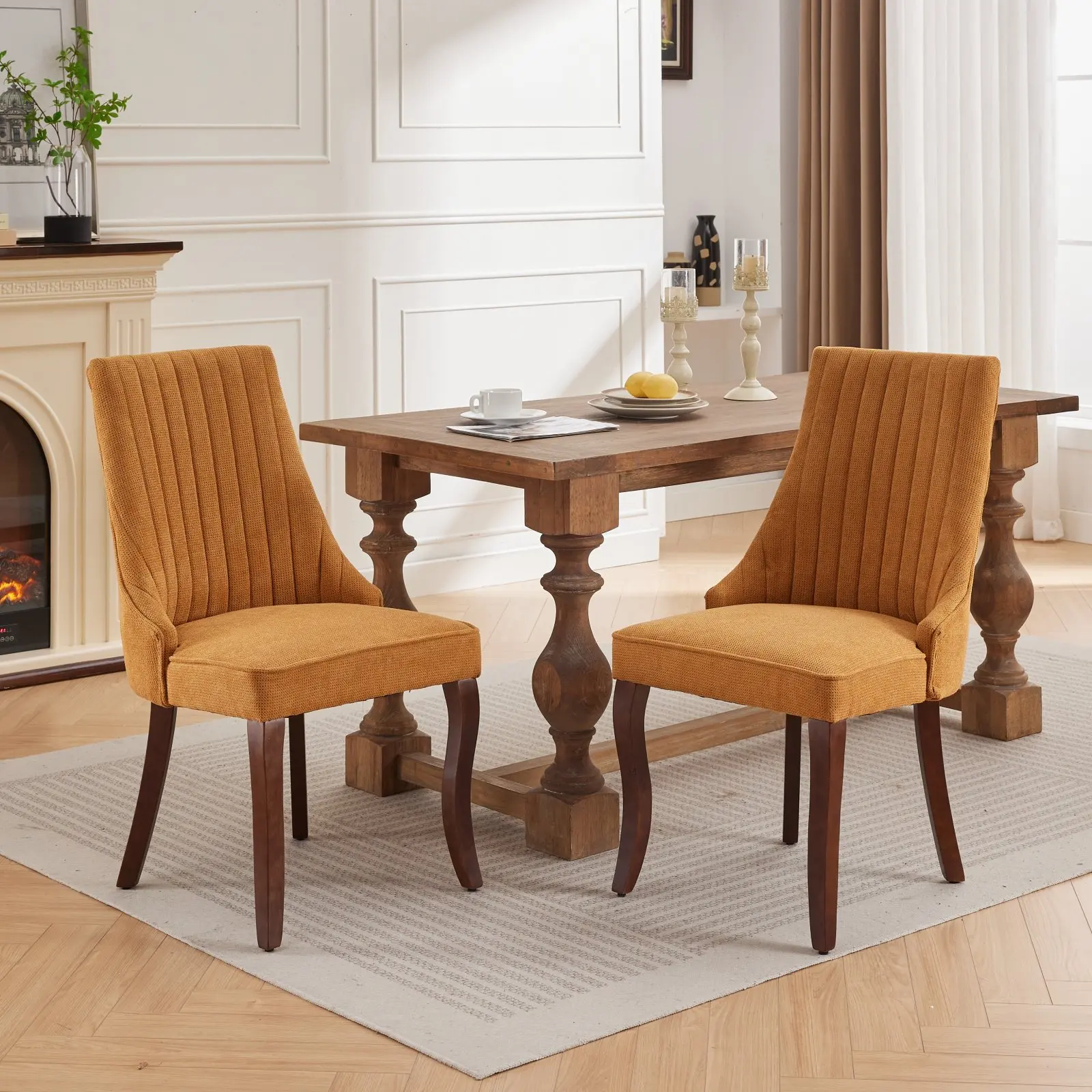 Rayon Cloth Flocking Linen Dining Chairs Channel Kitchen Dinner Chair Comfy Accent Chair Dining Room Curved Solid Wood Legs