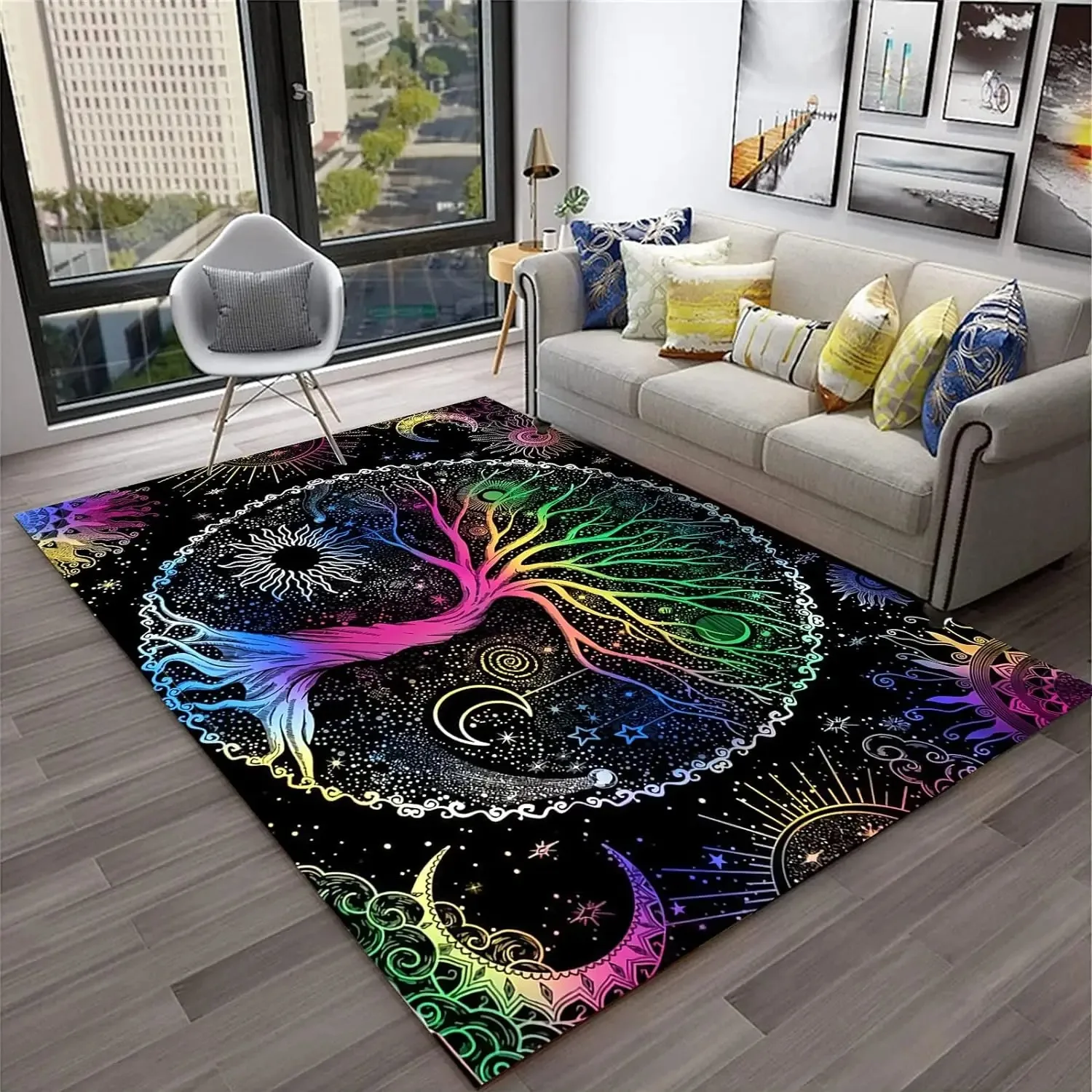 Regenbogen-Baum des Lebens, Fantasy-Teppich, langlebige Bodenmatte für Wohnzimmer, Schlafzimmer, psychedelischer Fantasy-Wohnkultur-Teppich