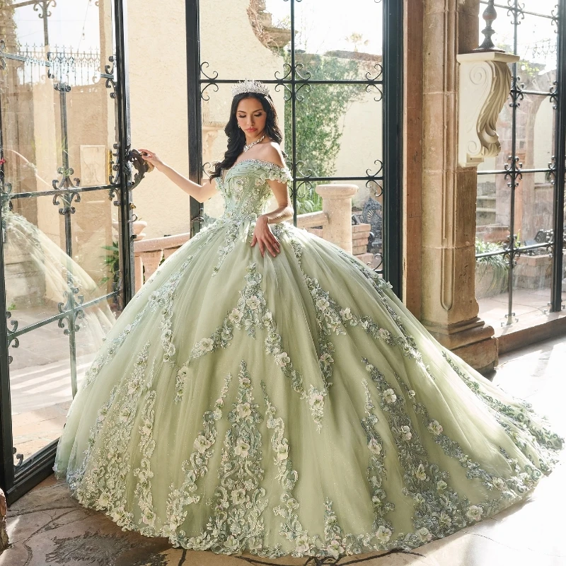 

Sage Green Princess Quinceanera Dresses Off the Shoulder Ball Gown 2024 Sweet 16 Dress Beads Appliques Lace Tull 15th Party Gown