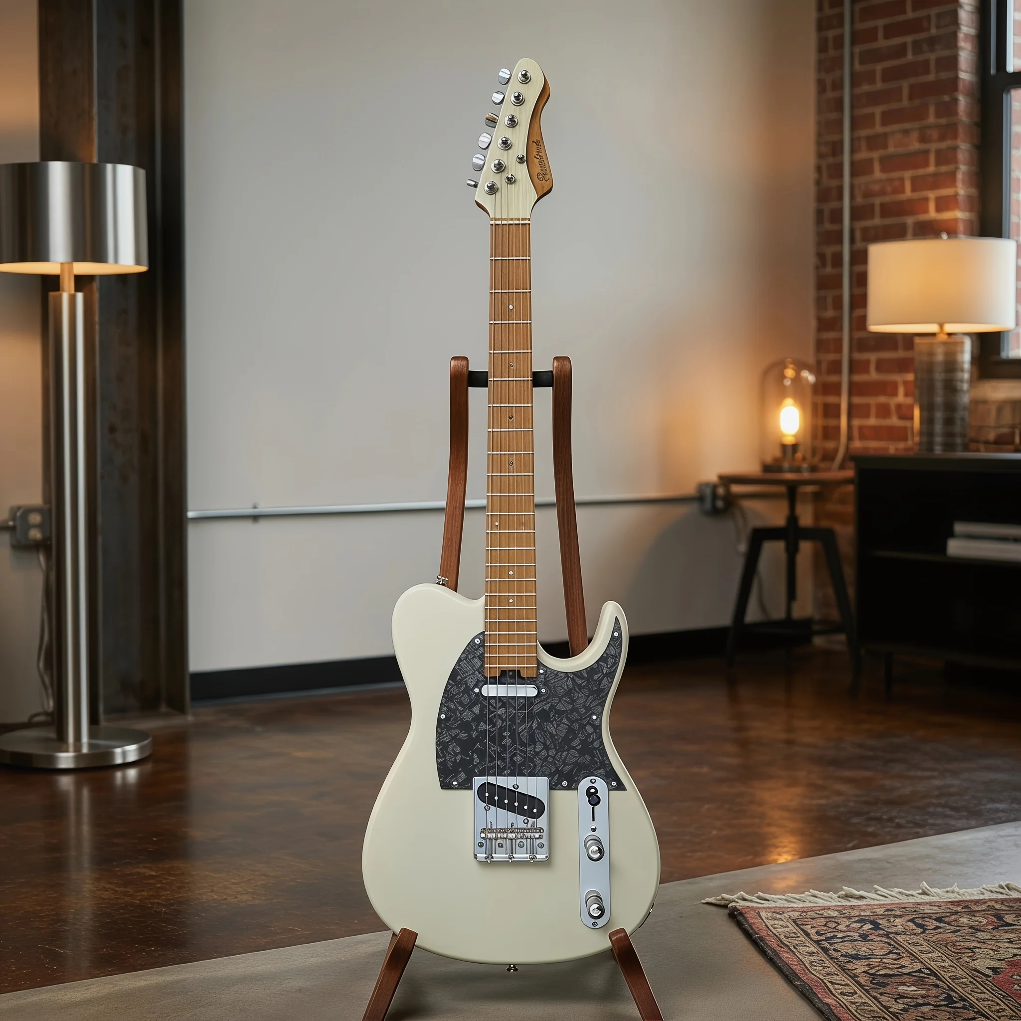 Minimalist TL-Style Full-Size Electric Guitar, Black Pearl Pickguard with Chrome-Plated Hardware, Includes Audio Cable and Tuning Key Set