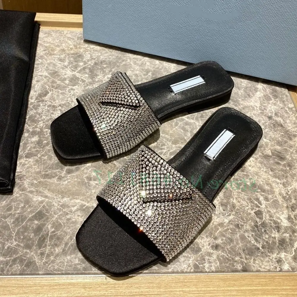 Square Toe Crystal Flat Slippers Women Summer Silver Black Leather Comfy Shoes Female Dress Slides Outfit Party Casual Slippers