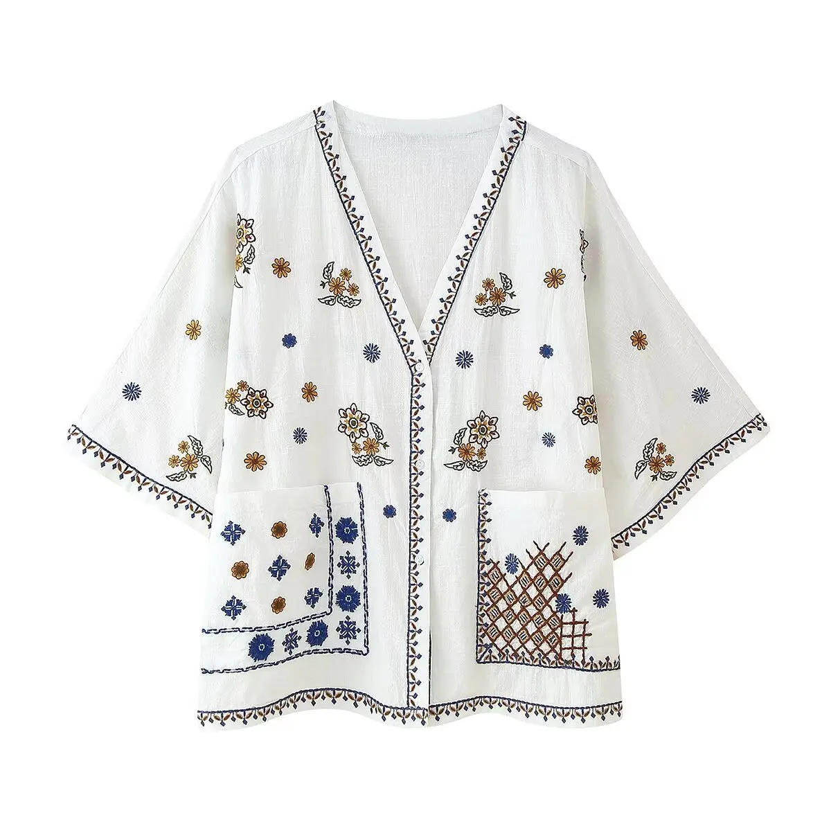 

2025 Summer New Women's Top Women's Retro Simple Style Fashion Versatile Simple Fresh Button Pocket Design Embroidered Shirt
