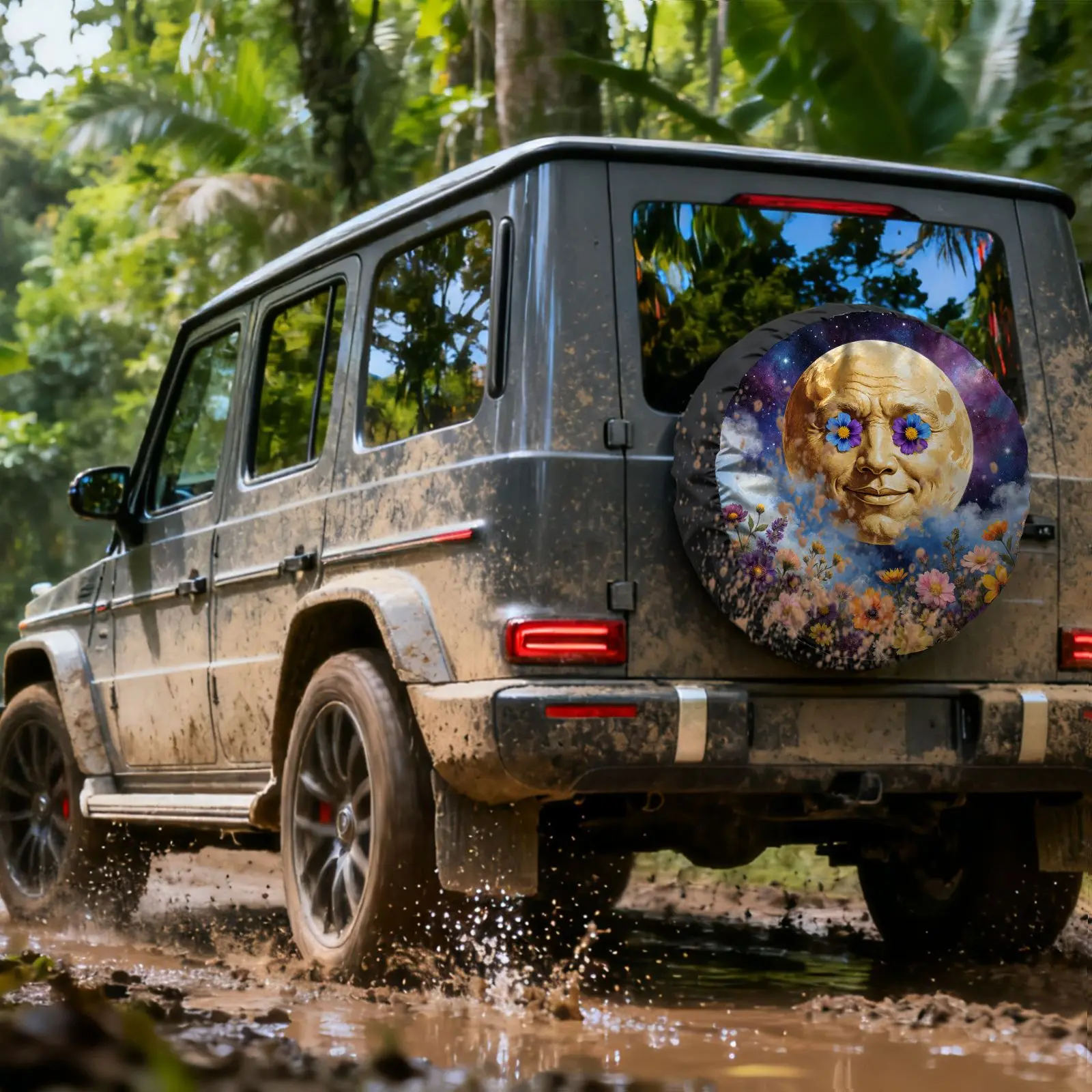 Moon Face Flower Starry Sky Pattern Tire Cover, Polyester Material, For RV SUV Truck, Camping Vehicle Decorative Tire Cover, Dr