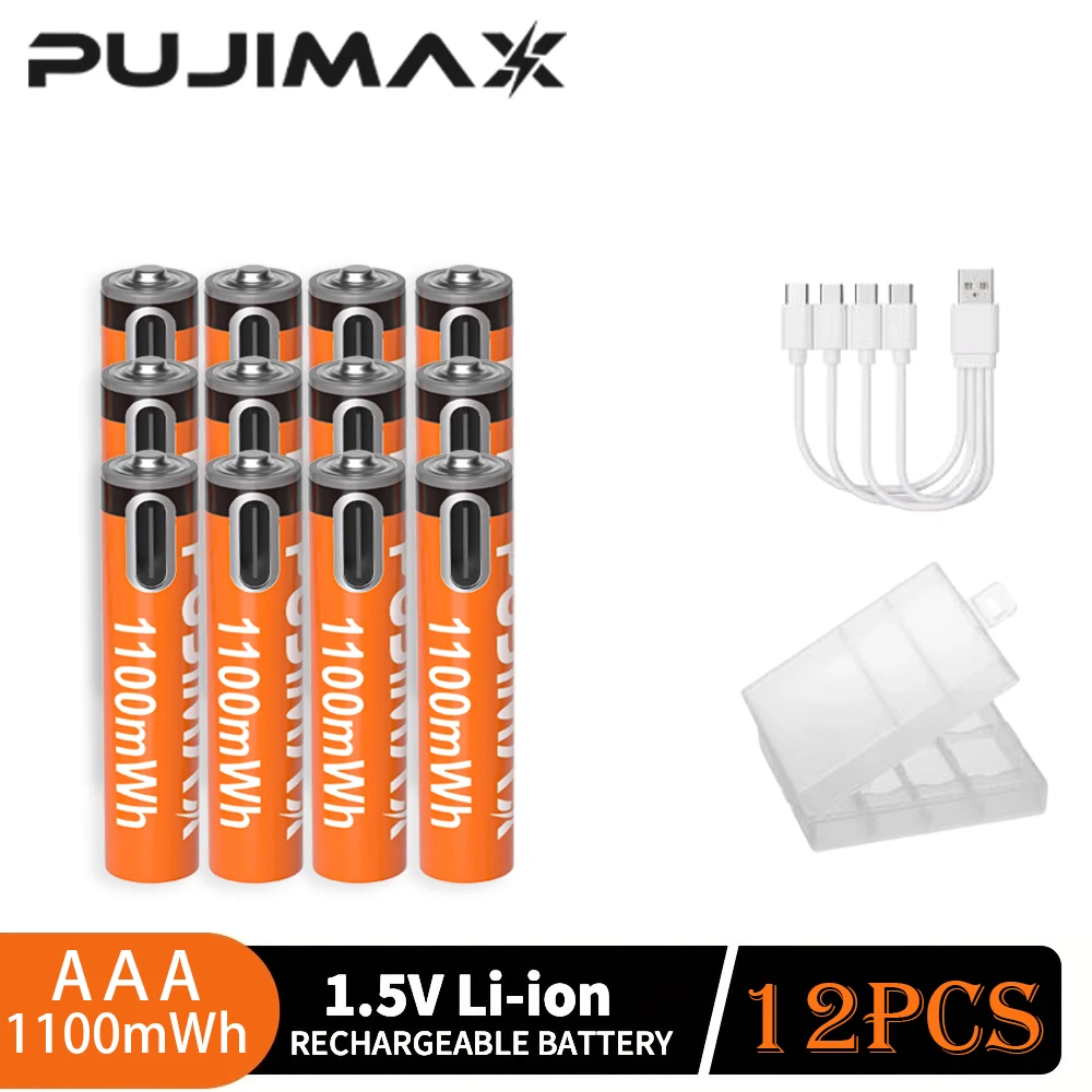 PUJIMAX 8/12PCS Li-ion AAA Rechargeable Batteries USB Type C Lithium-ion 1100mWh 1.5V AA Rechargeable Batteries for Mouse Remote Control Electric Toy Battery +Type-C Cable