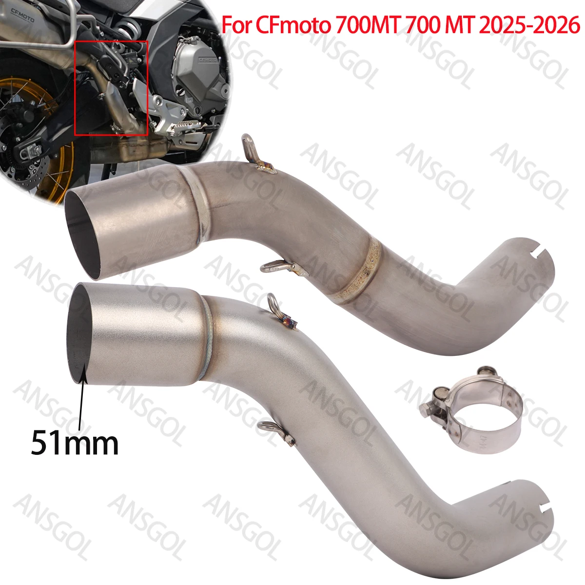 700 MT Exhaust Escape Middle Link Pipe Slip On For CFmoto 700MT 2025 2026 Moto Modify 51mm Muffler Mid Connecting Link Pipe