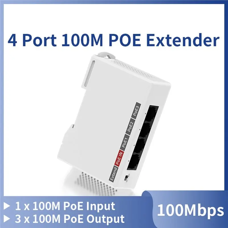 ABIJ-Repeater Network Switch 4 Port 100M For 48V POE Extender DIN Rail IEEE802.3Af/At Plug& Play For NVR IP Camera AP
