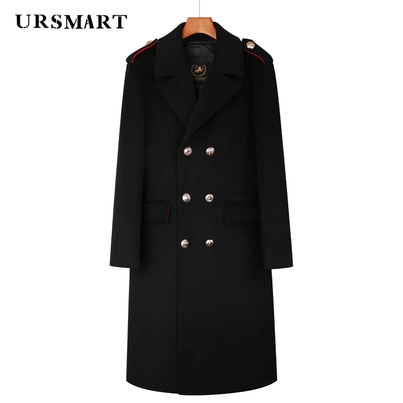 

Men's Black Wool Coat - Double Breasted Classic Contrasting Color Design Detachable Down Jacket British Youth Winter Coat