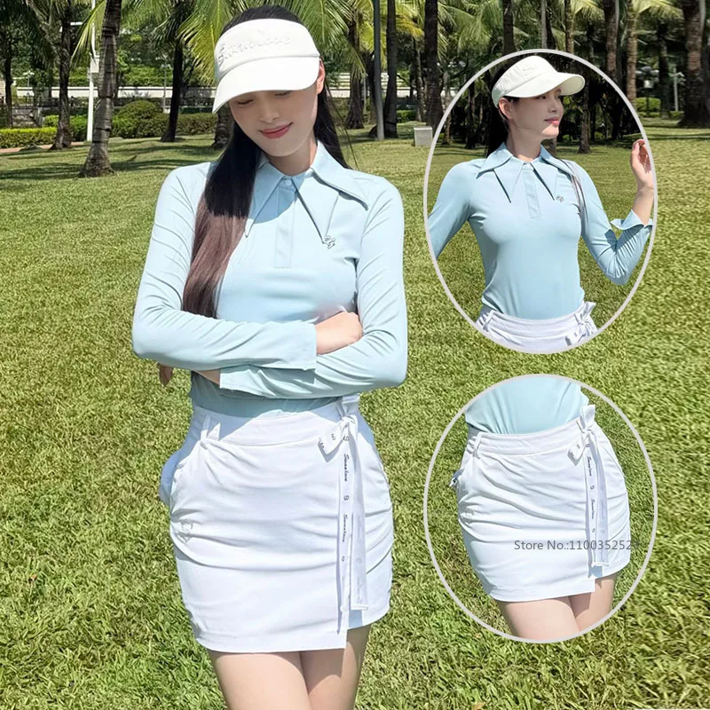 SG Golf Apparel Women Split Long-sleeve Polo Shirt Double Lapel Sports Tops High Waist Pencil Skirt Elegant Golf Skorts with Bag