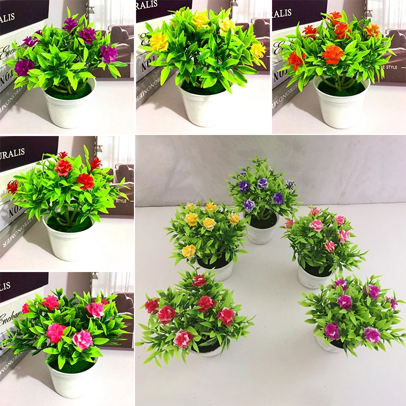Artificial Plastic Potted Bonsai Flower Plant 13x16cm Red Pink Purple Yellow Orange Realistic Fake Floral Decor For Home Wedding