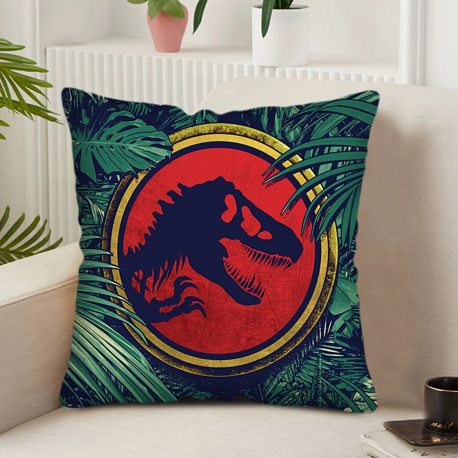 1pc Jurassic Park T-Rex Dinosaur Pillow Cover, 2D Double-Sided Print Polyester Throw Pillow Case, Tropical Jungle Logo Decor, Gi