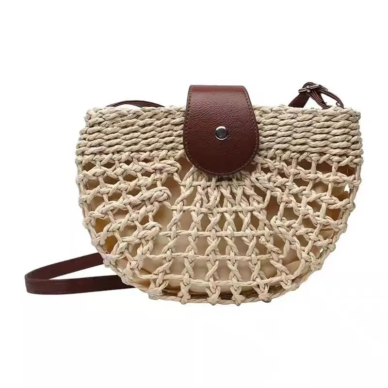 Beige Khaki Handwoven Straw Crossbody Bag Semi-circle Hollow Crochet Summer Beach Shoulder Bag Leather Flap For Girls Women