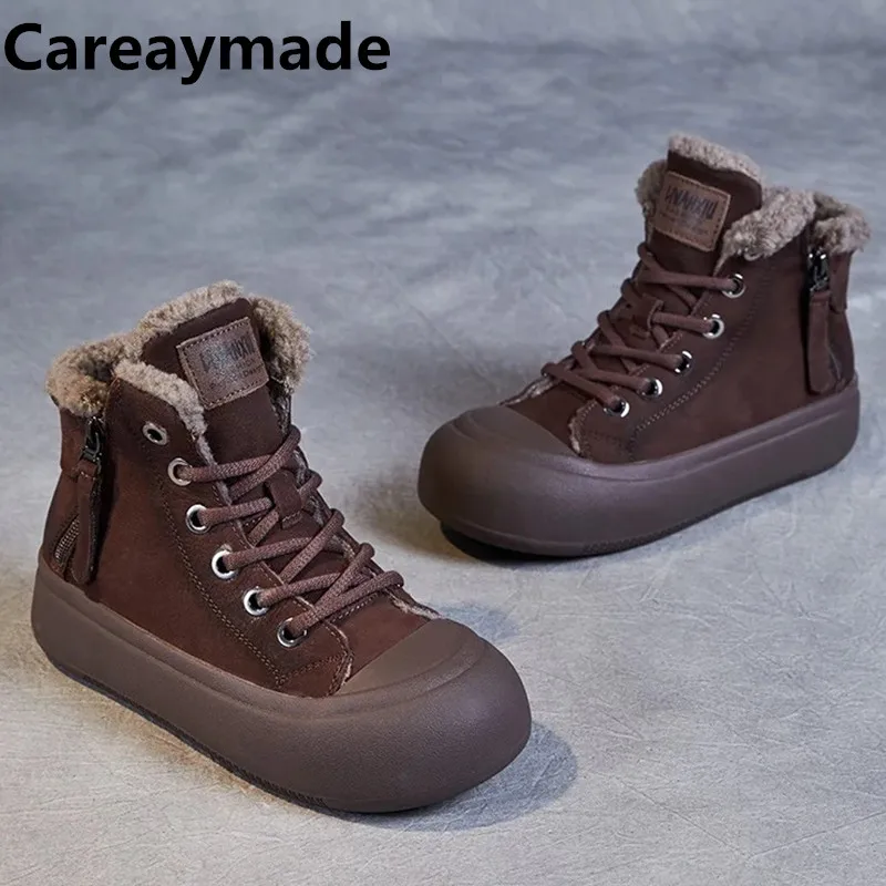

Careaymade-Women Winter Warm Snow Boots Genuine Leather Fur Shoes Ladies Chunky Platform Double Zipper Retro Flat Short Boots