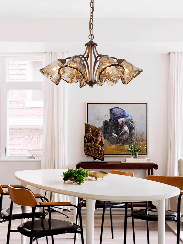 Amber Glass Chandeliers LED Cottage Lighting Fixture Designer Vintage Hanging Lamp for Ceiling Living Room Decor Lustre Bedroom