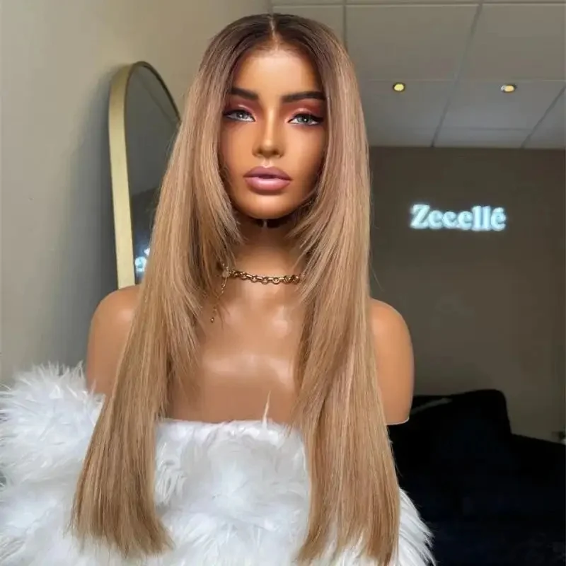 Highlight Honey Blonde Synthetic Lace Wigs Layer Natural Straight Women's Wigs Ombre Pre Plucked Natural Hairline Lace Top Wig