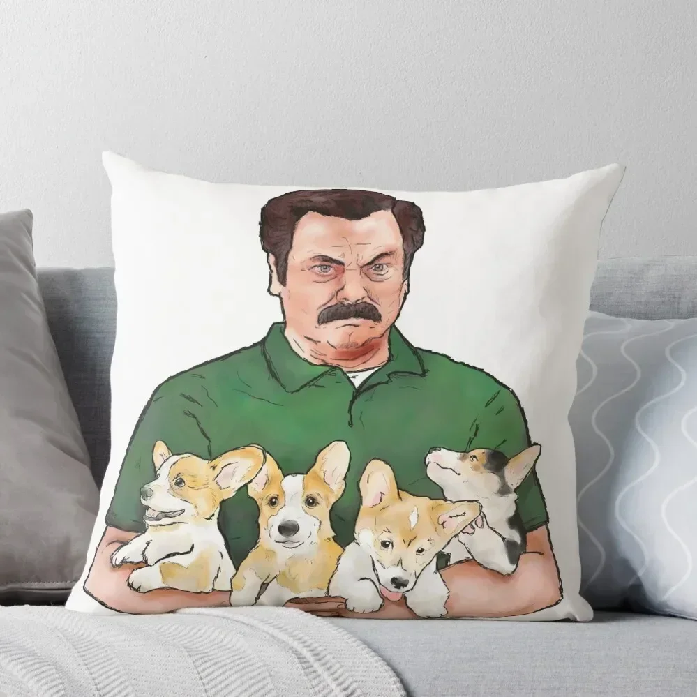 Ron Swanson Holding Corgi Puppies Throw Pillow pillow pillowcase Sitting Cushion pillow