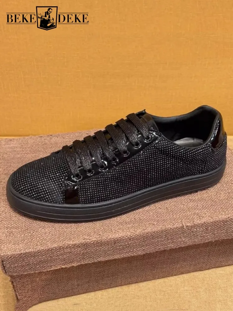 Mens Footwear Suede Genuine Leather Flat Shoes Lace Up Breathable Fashion Solid Color Rhinestone Round Toe Casual Sneakers Male